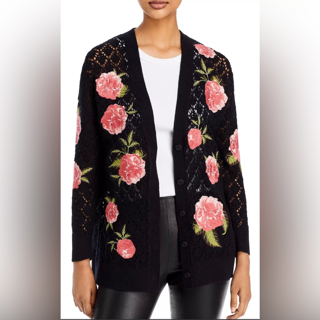 Alice And Olivia Black/Pink Bradford Floral Embroidered Grandpa Cardigan Size Xl